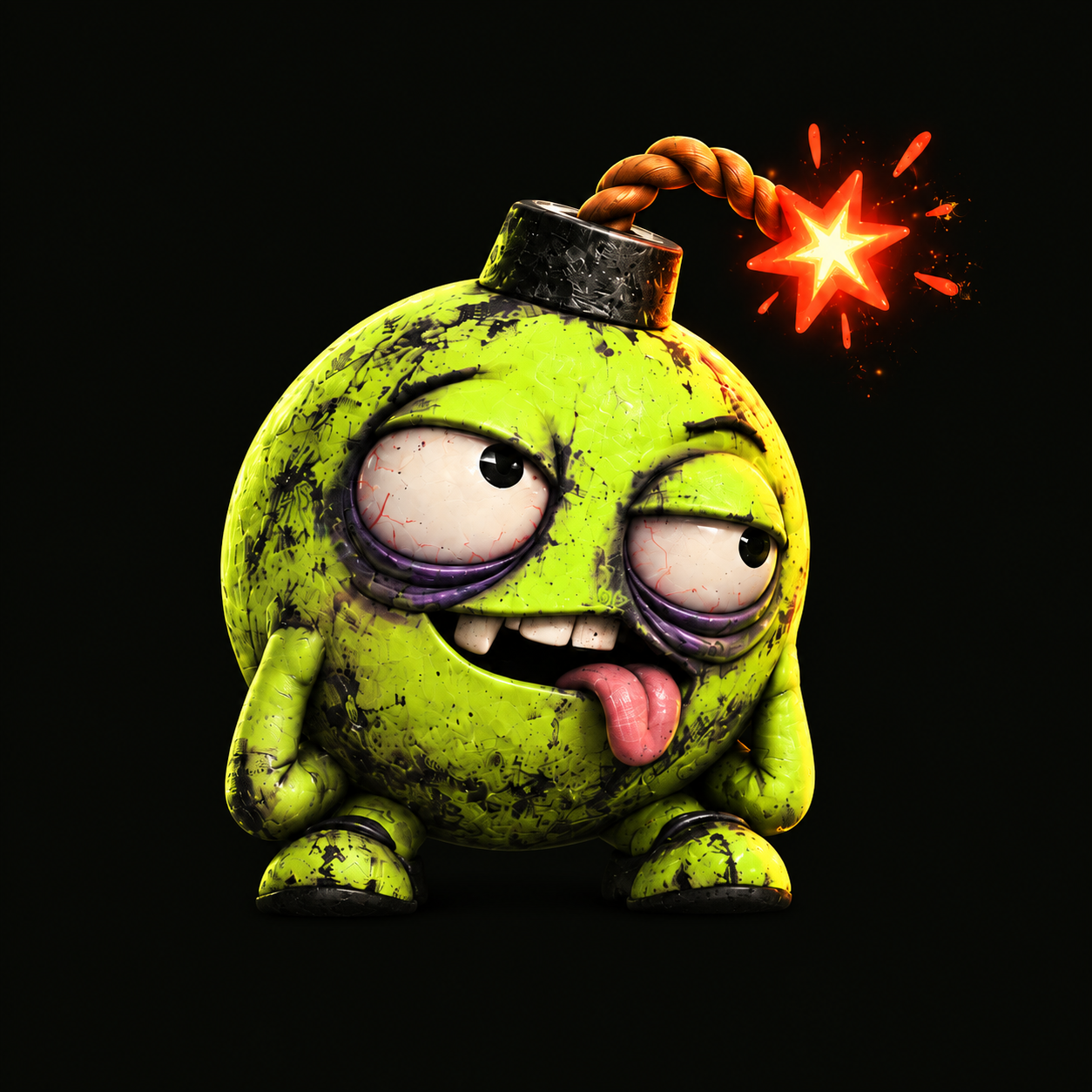 A scuffed acid-green bomb with exhausted eyes and a sparking fuse